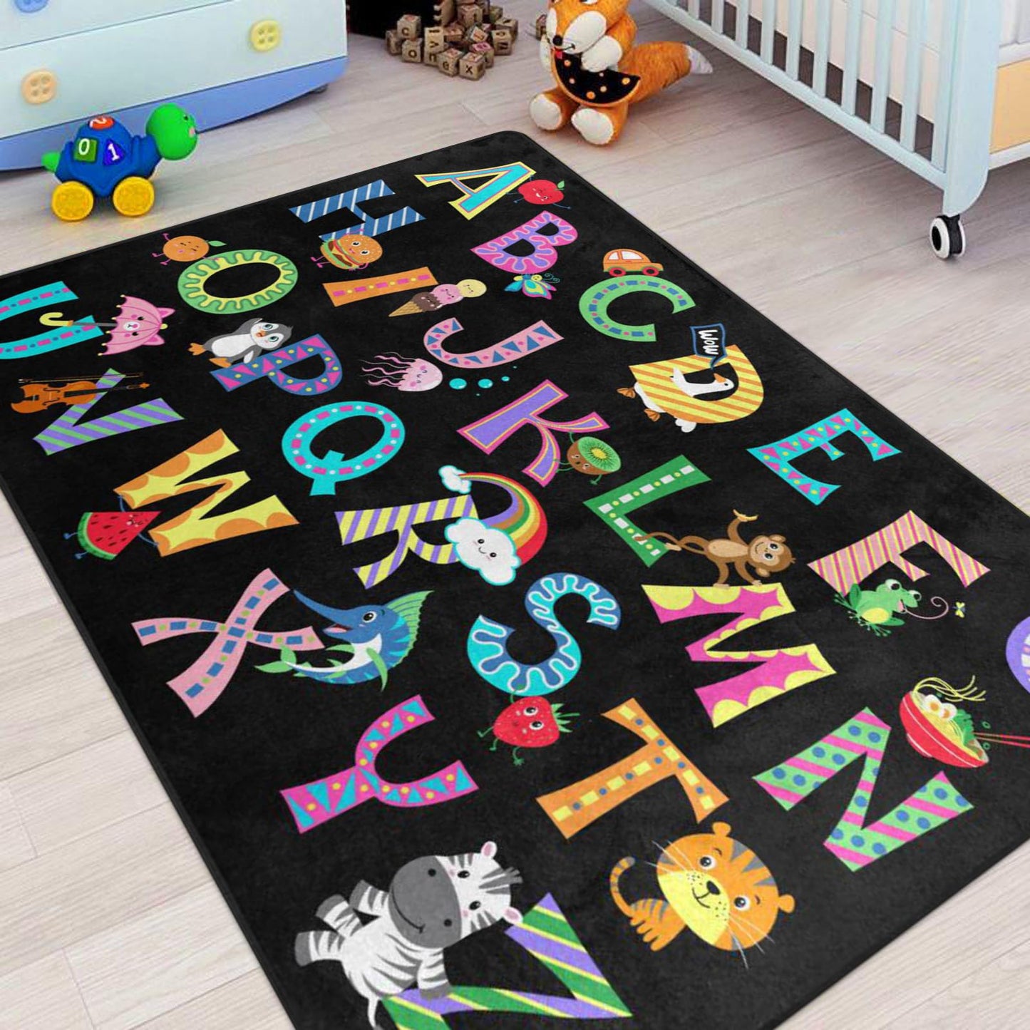 ABC Alphabet Rug, Classroom Playmat Rugs - 5x7 Ft Kids Carpet with Rubber Backing, Colorful Cartoon Letters Kids Play Mat Nursery Rugs for Bedroom Playroom - Black