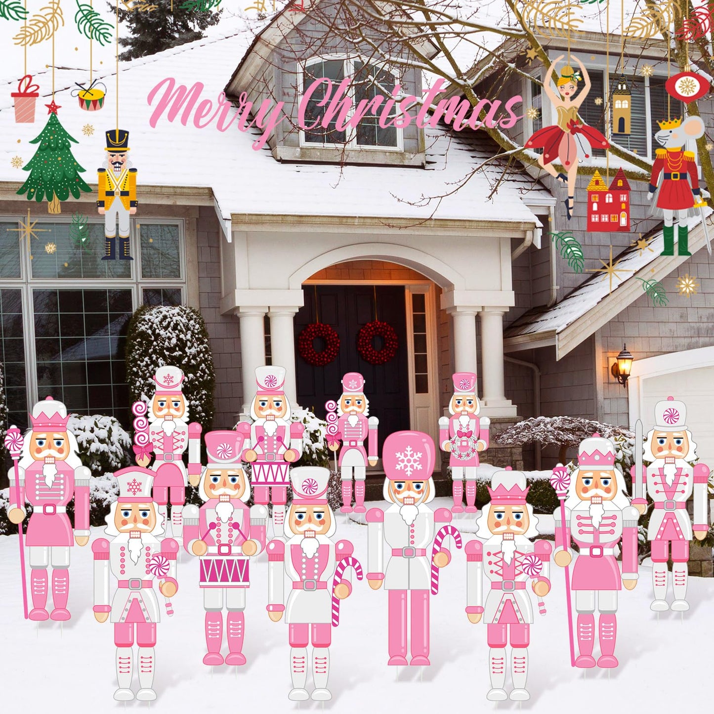 Amyhill 12 Pcs Pink Christmas Nutcracker Yard Sign Outdoor Christmas Yard Decor with Stakes Holiday Xmas Nutcracker Sign Cute Xmas Outside Lawn Decor for Outdoor Porch Garden Pathway Party