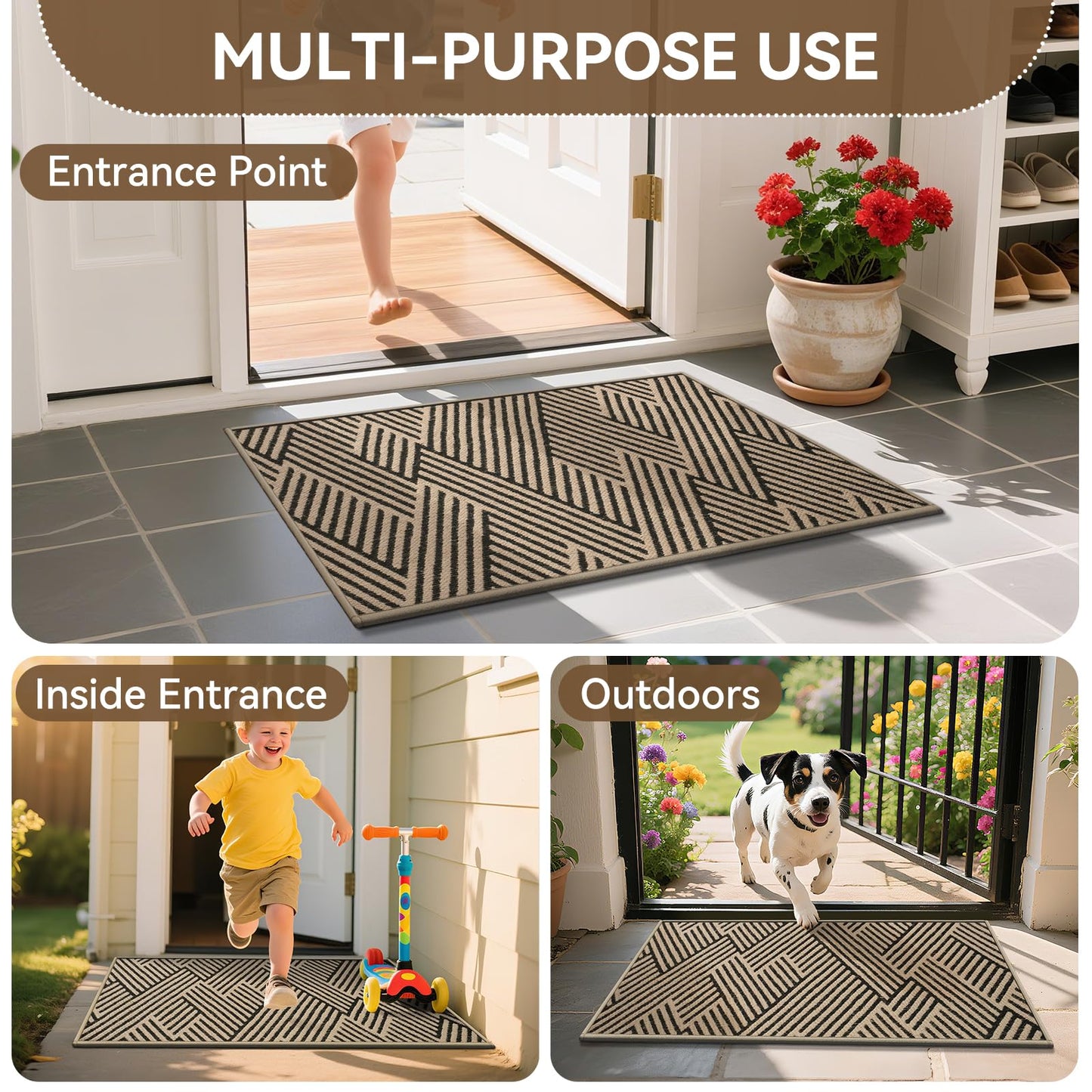 QiCaiJia Door Mat Indoor Outside Entrance 17"x30", Low-Profile Non Slip Outdoor Inside Doormat Entryway Mat, Dirt Resistant Absorbent Front Porch Welcome Entry Mats, Washable Easy Clean, Brown