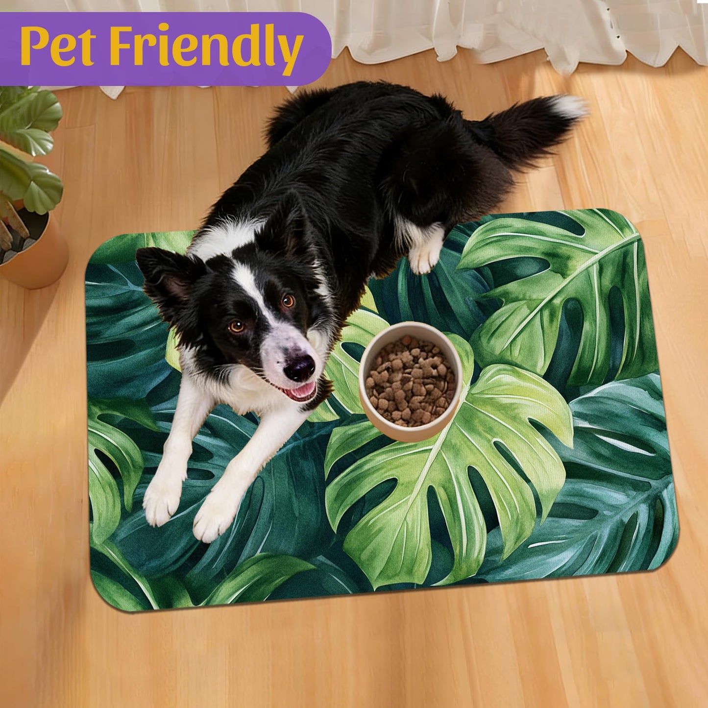 Tropical Palm Leaves Pet Feeding Mat, Absorbent Quick-Dry Dog Cat Bowl Mat, Non-Slip Bottom, Indoor Use – 16x24 Inch