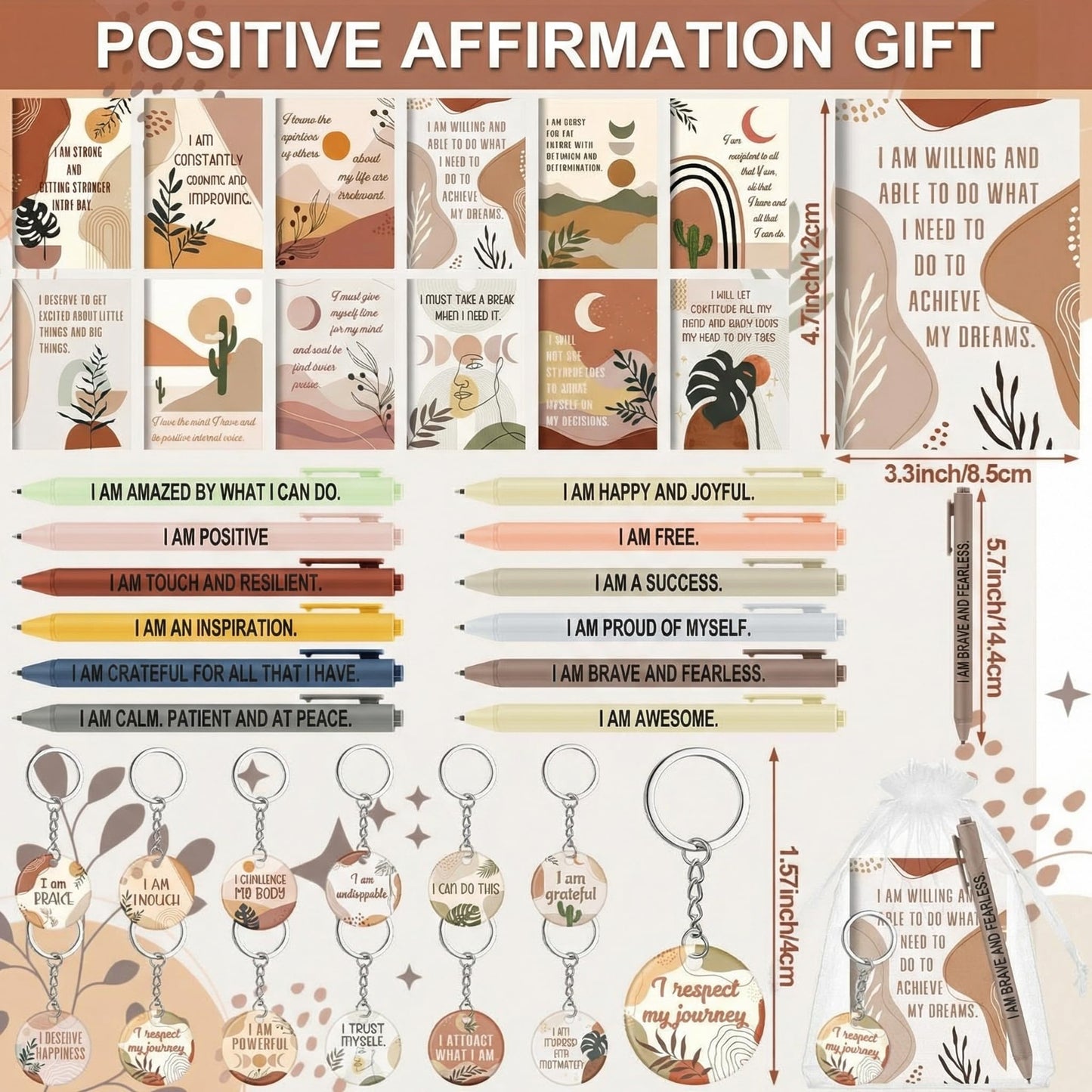Mooliwe 36 Pcs/12 Set Positive Affirmation Gift Set Gratitude Notebooks with Pens Acrylic Keychains Small Bags Motivational Notepads for Women Coworkers Christmas Adults Party Favors (Boho)