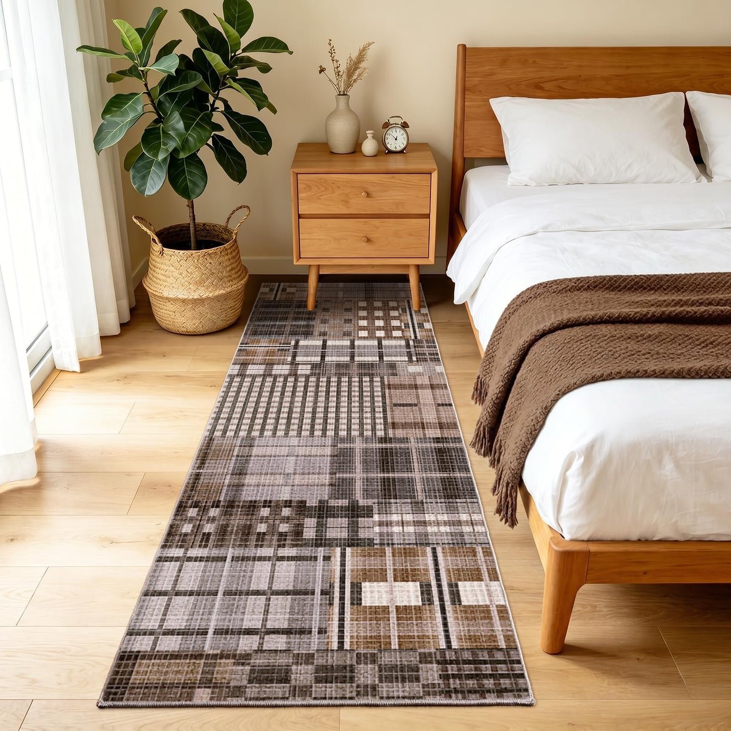 Rezutan Washable 2x6 Runner Rug, Hallway Modern Plaid Non Slip Soft Rugs Caramel Brown Grey Chocolate Geometric Checkered Kitchen Low Pile Non-Shedding Foldable Runners for Entryway Laundry Bedside