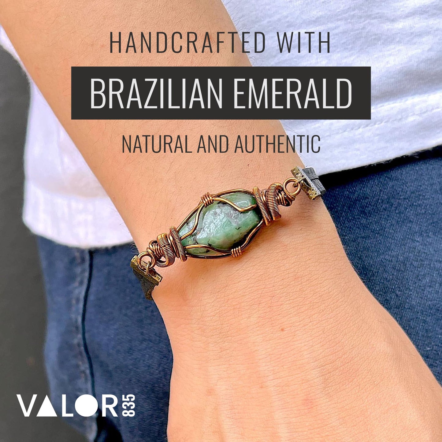 Valor 835 Raw Emerald Mens Bracelet | Copper Wire Wrapped Crystal Bracelet for Men, Genuine Leather Cord with Magnetic Clasp, Gifts for Him, Gifts for Men, Mens Jewelry, Green Stone Jewelry