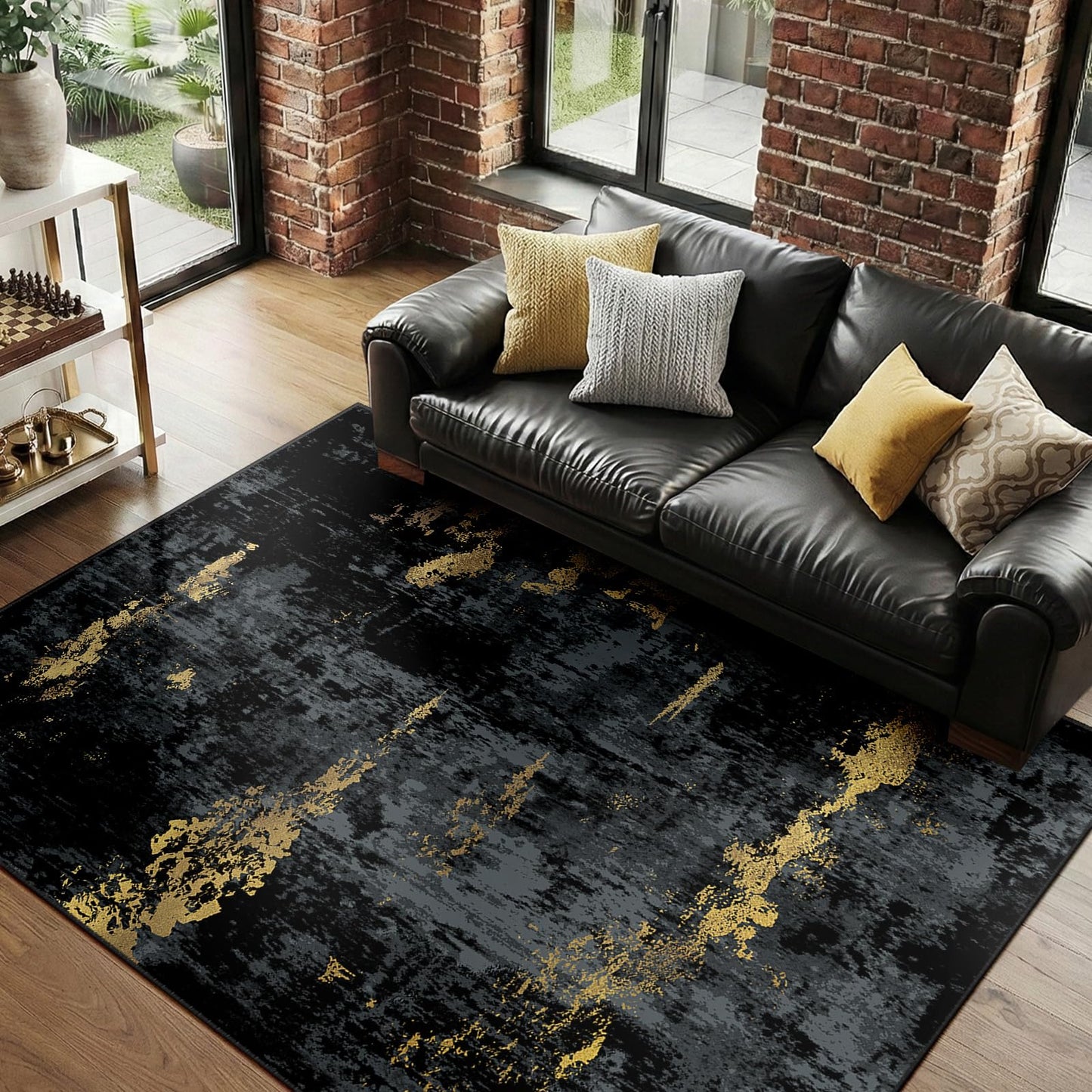 RELEANY Washable Area Rugs 8'x10' Non-Slip Modern Abstract Soft for Living Room Entryway Bedroom Kitchen, Print Pattern, Dark Black Gold