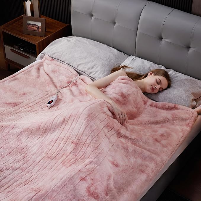 Guohaoi Heated Blanket Electric Throw, Soft Faux Rabbit Fur Electric Blanket with 10 Heating Levels 5 Sitting Timer Auto Off, Cozy Warm Heating Blankets, Machine Washable(72"×84" Pink)