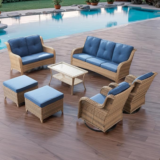 Rilyson Patio Furniture Swivel Chairs Set - 7 PC Wicker Rattan Outdoor Sectional Conversation Sets with 2 Rocking Chairs,2 Ottoman,1 Sofa,1 Loveseat and 1 Coffee Table for Porch Deck(Yellow/Blue)