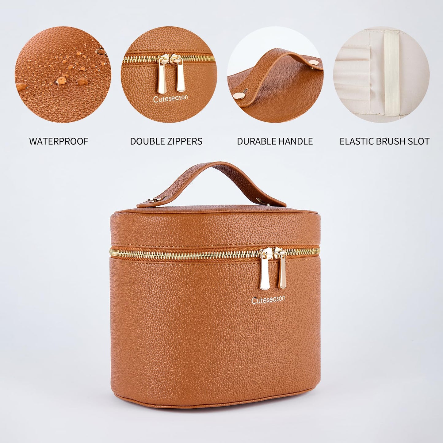 Cuteseason Large Makeup Organizer Bag with Removable Compartments, Waterproof Travel Cosmetic Bag with Rivet Handle for Skincare, Toiletries & Beauty Essentials (Khaki)