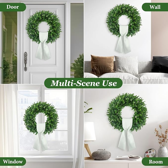 Large Artificial Boxwood Wreath 30-32'', UV Resistant 310 Leaves & 140 Flower Core, Green Wreath Ribbon for Front Door Outdoor Indoor Window Wall Hanging Decoration All Seasons(Foldable)