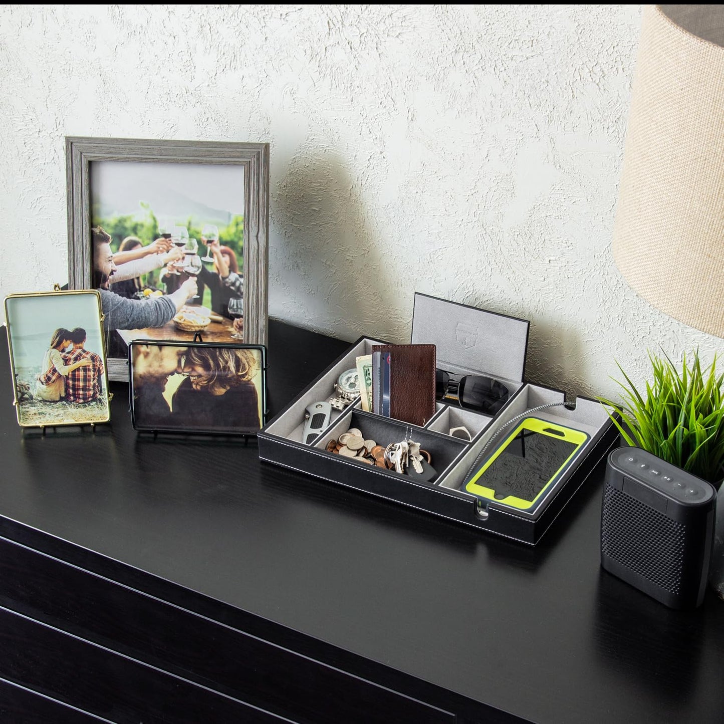 HOUNDSBAY Victory Valet Tray for Men, Camo Gifts for Men, Handmade PU Leather EDC Tray, Scratch Resistant, Nightstand Organizer - Black Woodland Camo