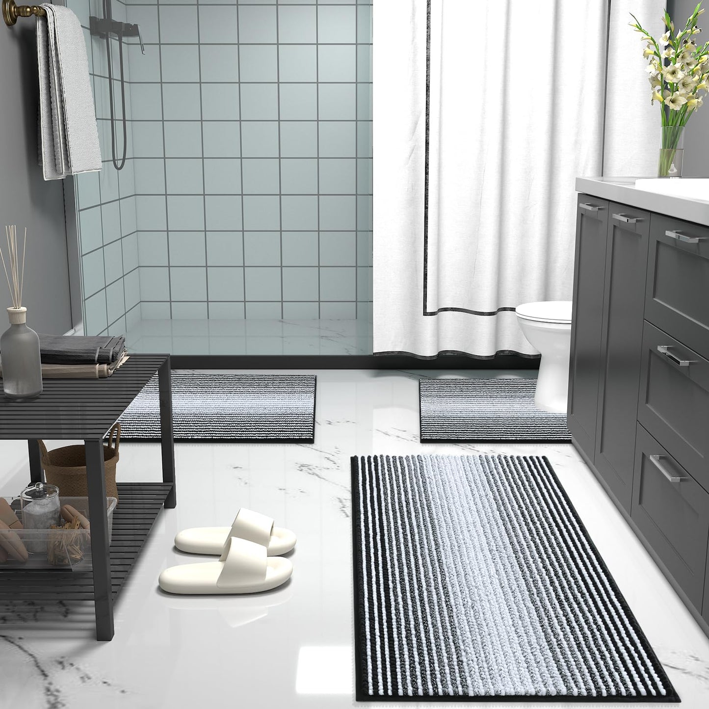 OLANLY Bathroom Rugs 30x20, Extra Soft Absorbent Chenille Striped Bath Rugs, Rubber Backing, Machine Wash Dry, Bath Mats for Bathroom Floor, Tub and Shower, Home Decor Accessories, Black