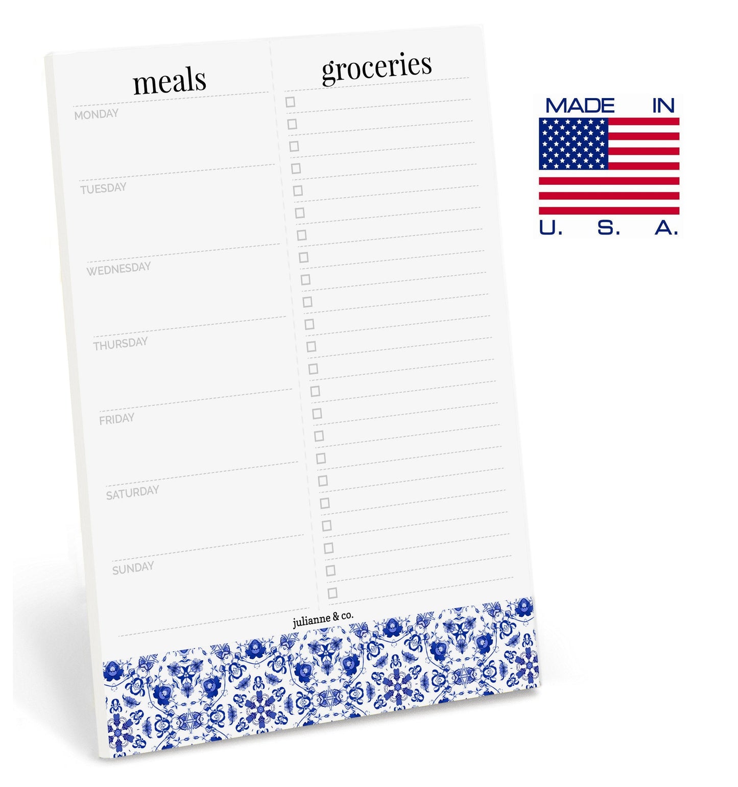 Weekly Magnetic Meal Planner Notepad By Julianne & Co - Food Planning Organizer And Grocery List Pad, 52 Premium A5 Pages, with Tear Away Perforated Shopping List (Blue China Print WITH Fridge Magnet)