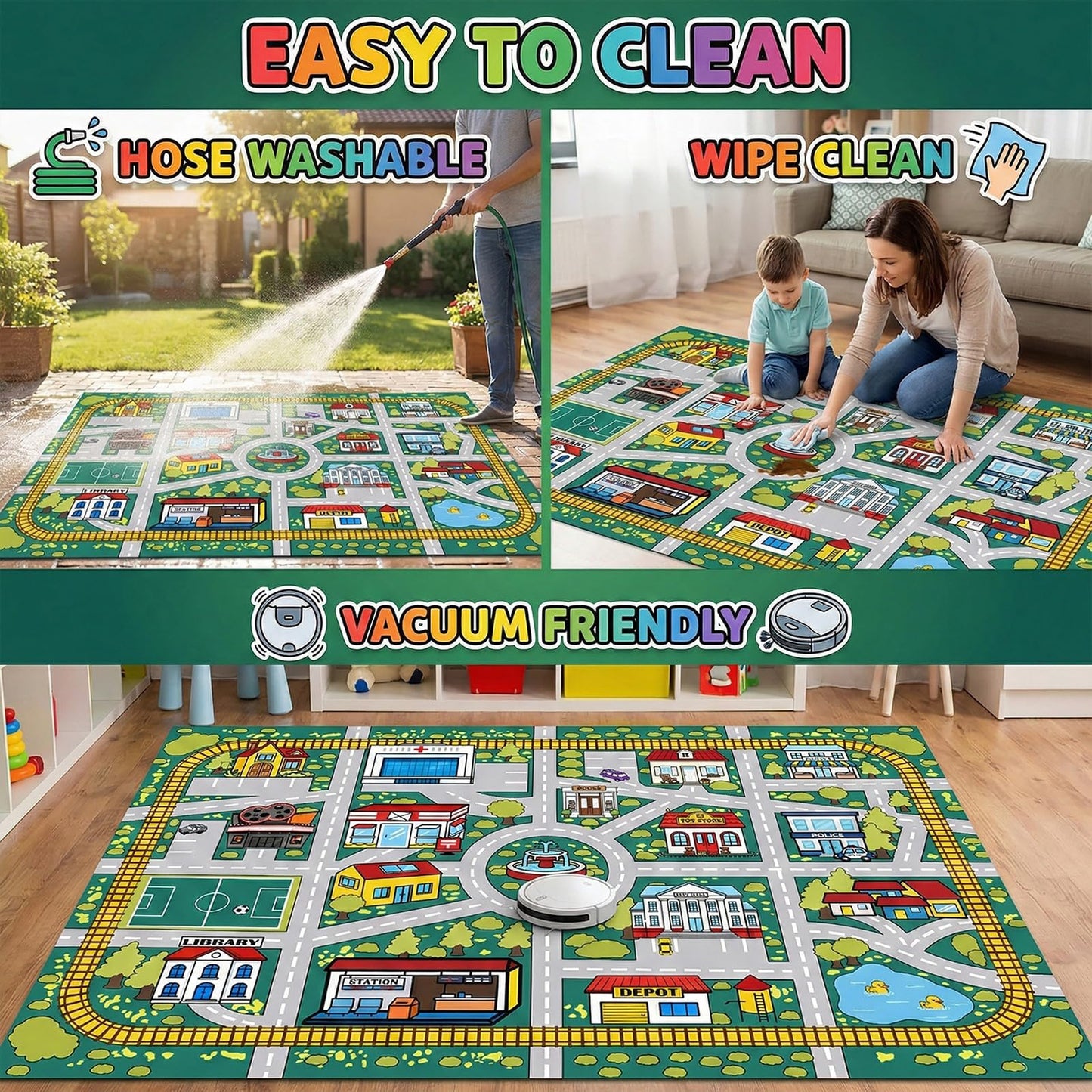 Plyra Kids Car Road Rug (3x5 Ft), Non-Slip City Traffic Play Mat for Toy Cars, Train Track Carpet for Kids Room, Educational Town Map with Police Station, Hospital & Cinema