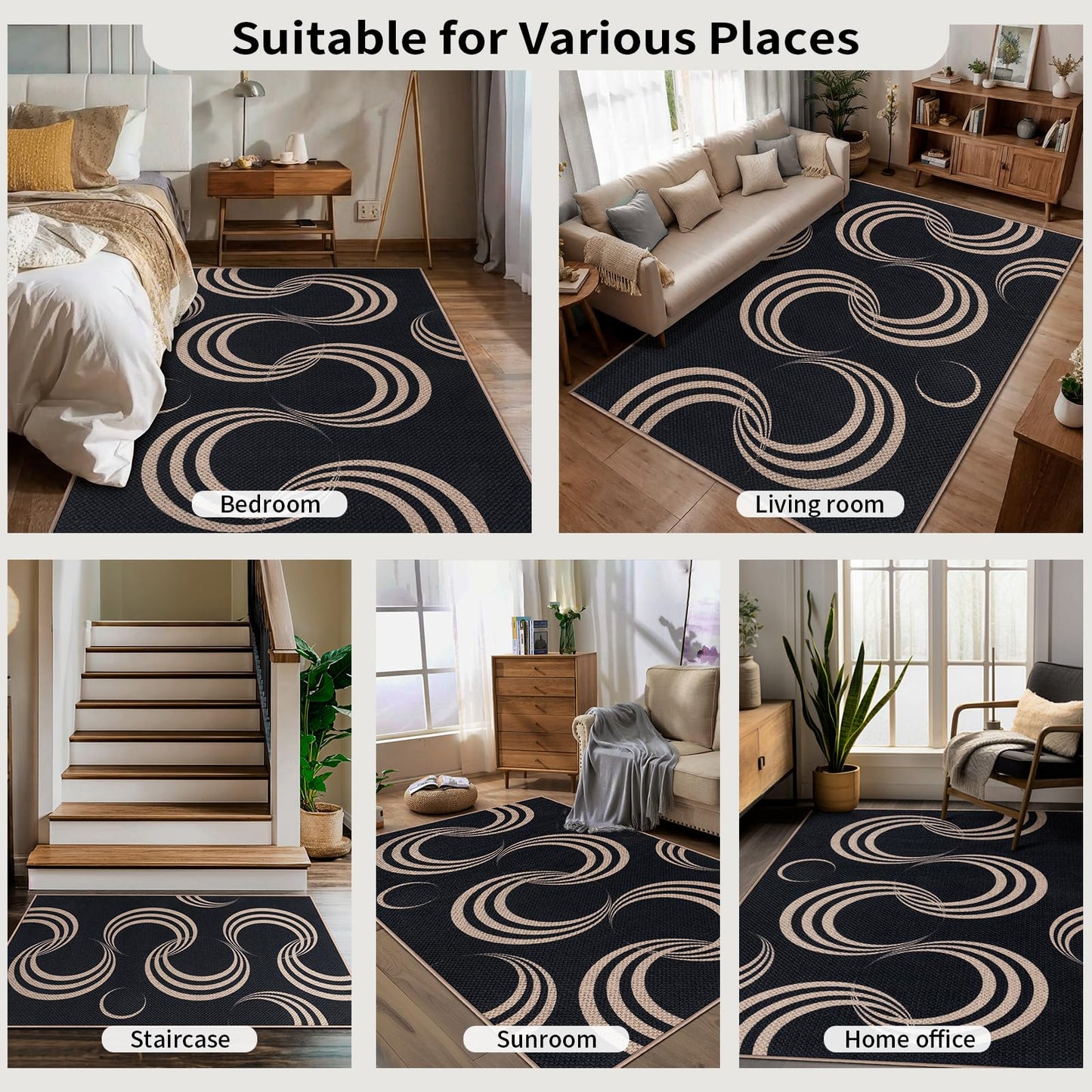 Tangsoo Easy Jute Area Rug,4x6 Washable Thin Outdoor Rug for Patio,Non Slip Rubber Backing Black Indoor Carpet Farmhouse Modern Throw Mat for Front Porch Balcony Living Room Diningroom