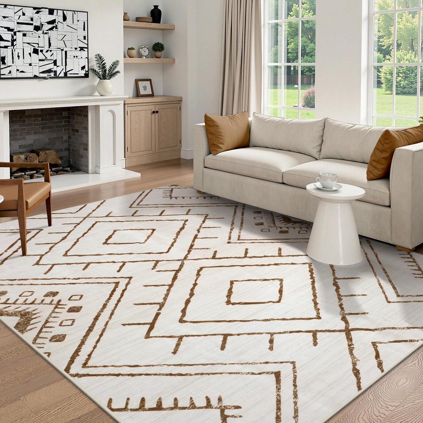 LIVEBOX Moroccan 8x10 Area Rug, Beige Washable Rugs for Living Room Bedroom, Non Slip Western Tribal Rug Low Pile Geometric Large Area Rugs Diamond Carpet for Dining Room, Nursery Room, Playroom Boho
