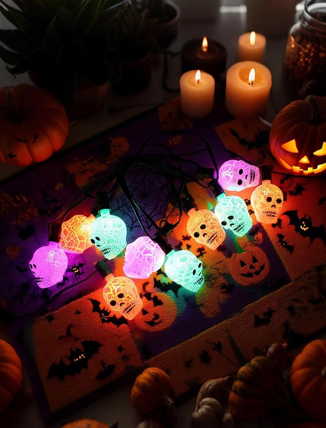 10.5ft Outdoor Skull String Lights, Plug in & Connectable Halloween Decorations with UL Certified Cord, Waterproof for Porch, Yard & Party Decor