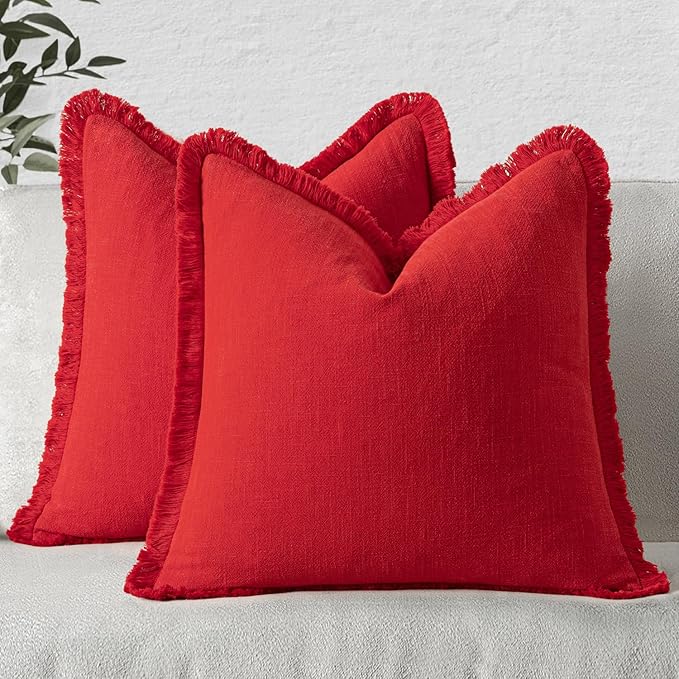 MIULEE Christmas Decorative Throw Pillow Covers Neutral Linen Fringe Throw Pillows Euro Shams Set of 2 Red Boho Farmhouse Cushion Covers with Tassels for Couch Sofa Bed Living Room Decor 24x24 Inch