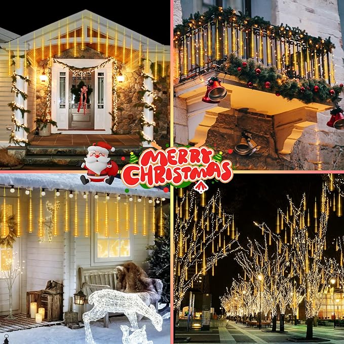 KNONEW 40 Tubes 1120 LED Meteor Shower Lights Christmas Lights Outdoor Plug in Waterproof Falling Rain Light for Xmas Tree Wedding Party Garden Holiday Rooftop Decorations (Warm White)