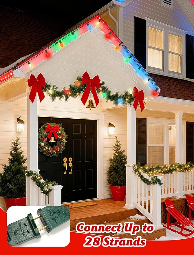 C7 LED Christmas Lights Outdoor,25FT Multicolor C7 Christmas Lights Indoor with 27 0.6w Bulb Fit E12 Base,Xmas Light Outdoor for House, Yard, Garden, Christmas Tree Decoration, Green Wire