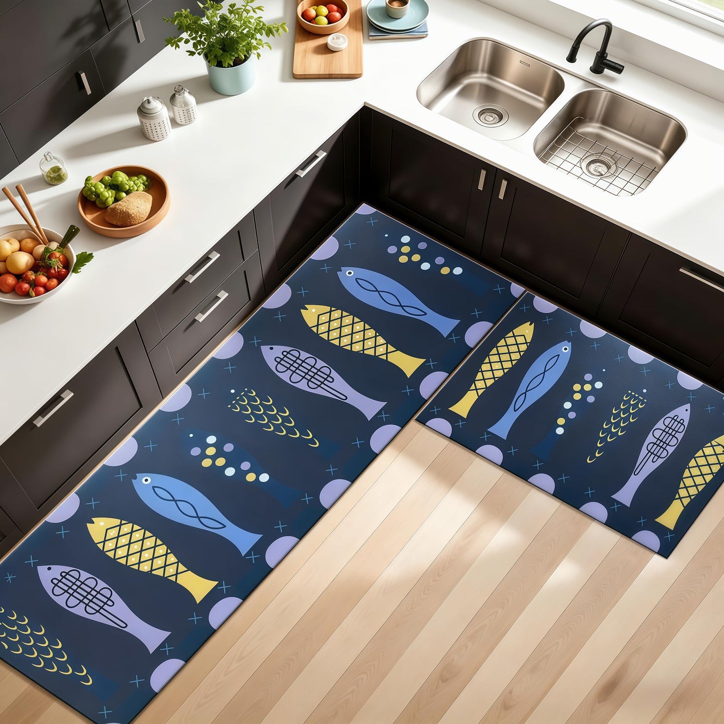 CHKYUZEN PVC Foam Anti Fatigue Printed Kitchen Mat and Rug, Foot Comfort, Anti Slip, Stain Release, Set of 2pcs (17"x30" & 17" x47), (2pc Set, Fish Design)