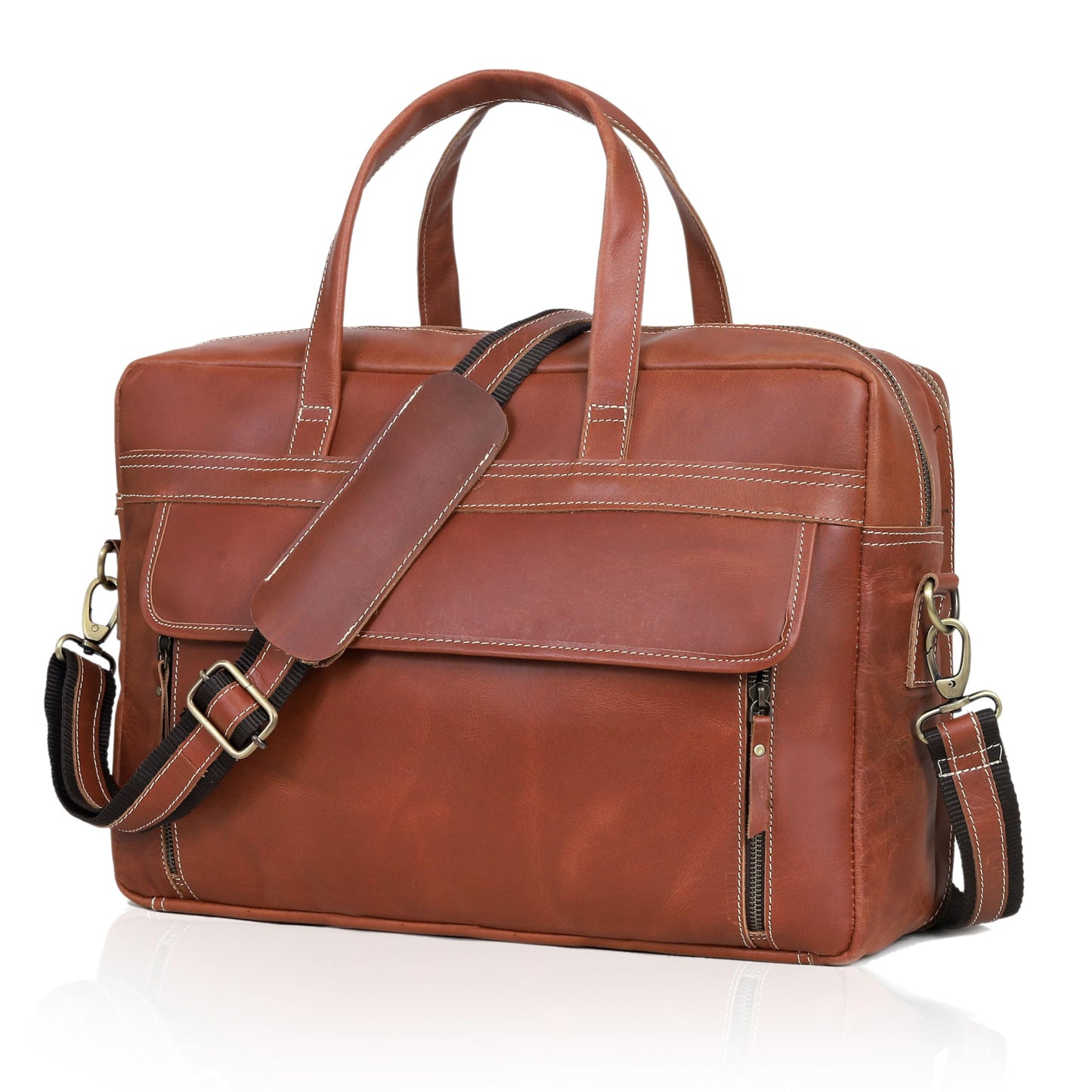 HLC 18 Inch Full Grain Leather Briefcase messenger shoulder bags for men and women (tan, 16 inch)