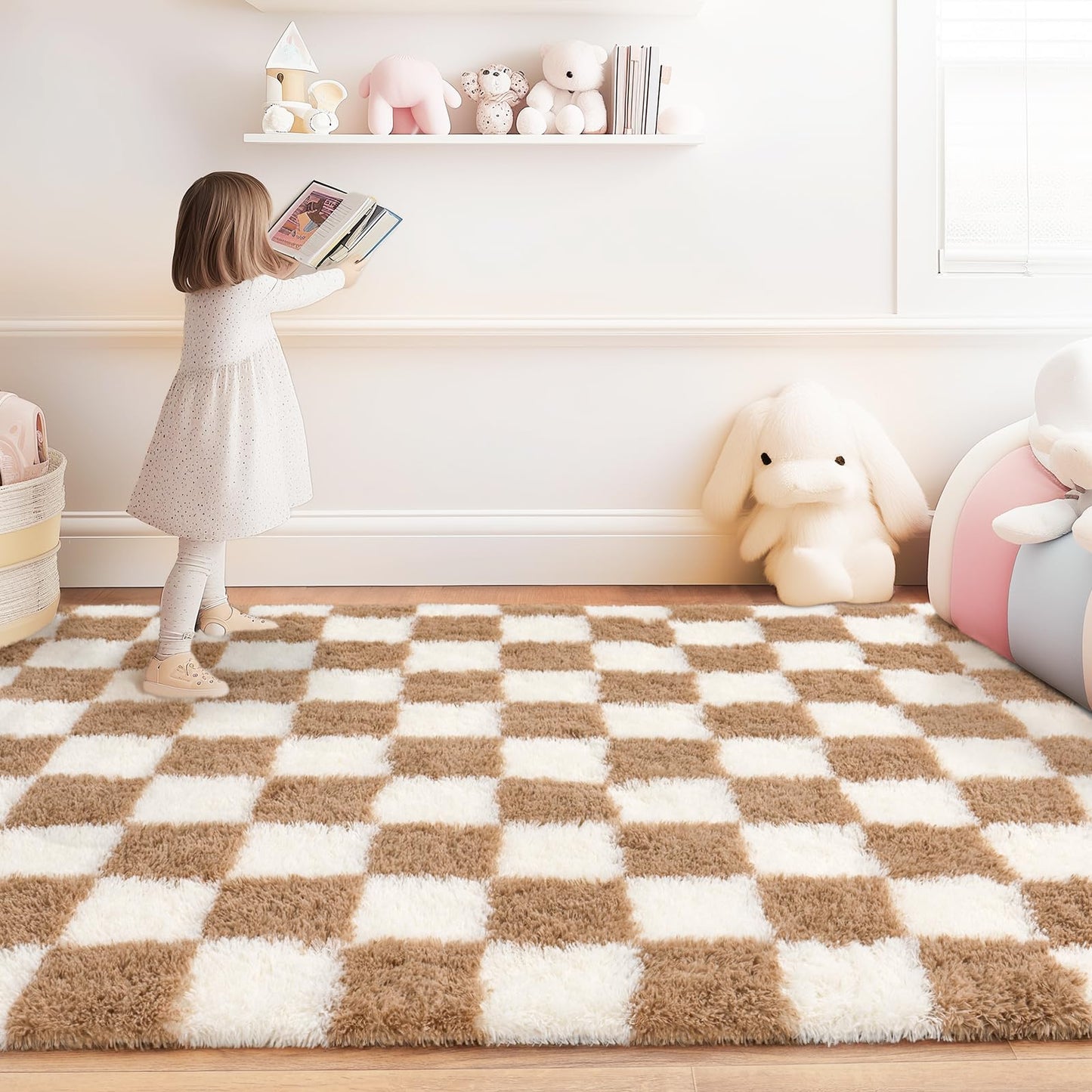 Quntue Rugs for Bedroom, 4x6 Fluffy Fuzzy Shag Checkered Area Rug for Living Room, Modern Plush Soft Upgrade Non-Slip Carpet for Kids Girls and Boys Room Dorm Nursery Home Decor, Cream and Beige