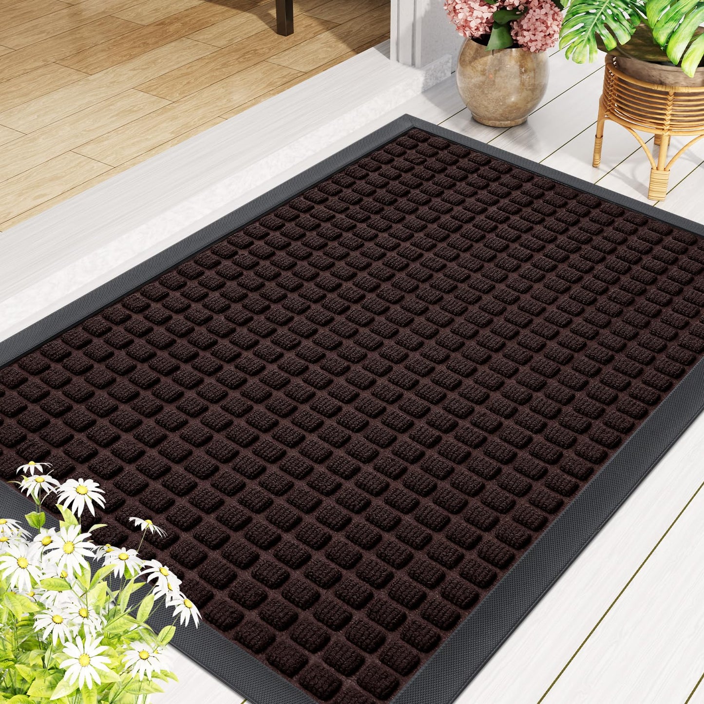 Smiry Front Door Mat Outside Entrance, Heavy Duty Natural Rubber Doormat, Non Slip, Trap Dirt and Moisture, Easy Clean, Low Profile Welcome Floor Mats for Indoor Outdoor Entry, 29.5x17 Inch, Brown