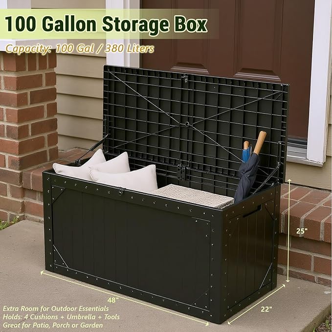 Deck Box outdoor waterpoorf, Storage Box Outdoor and Indoor for Pool Toys, Patio Cushions, Resin Storage Bin for Outside, Lockable (Black, 100 Gallon)