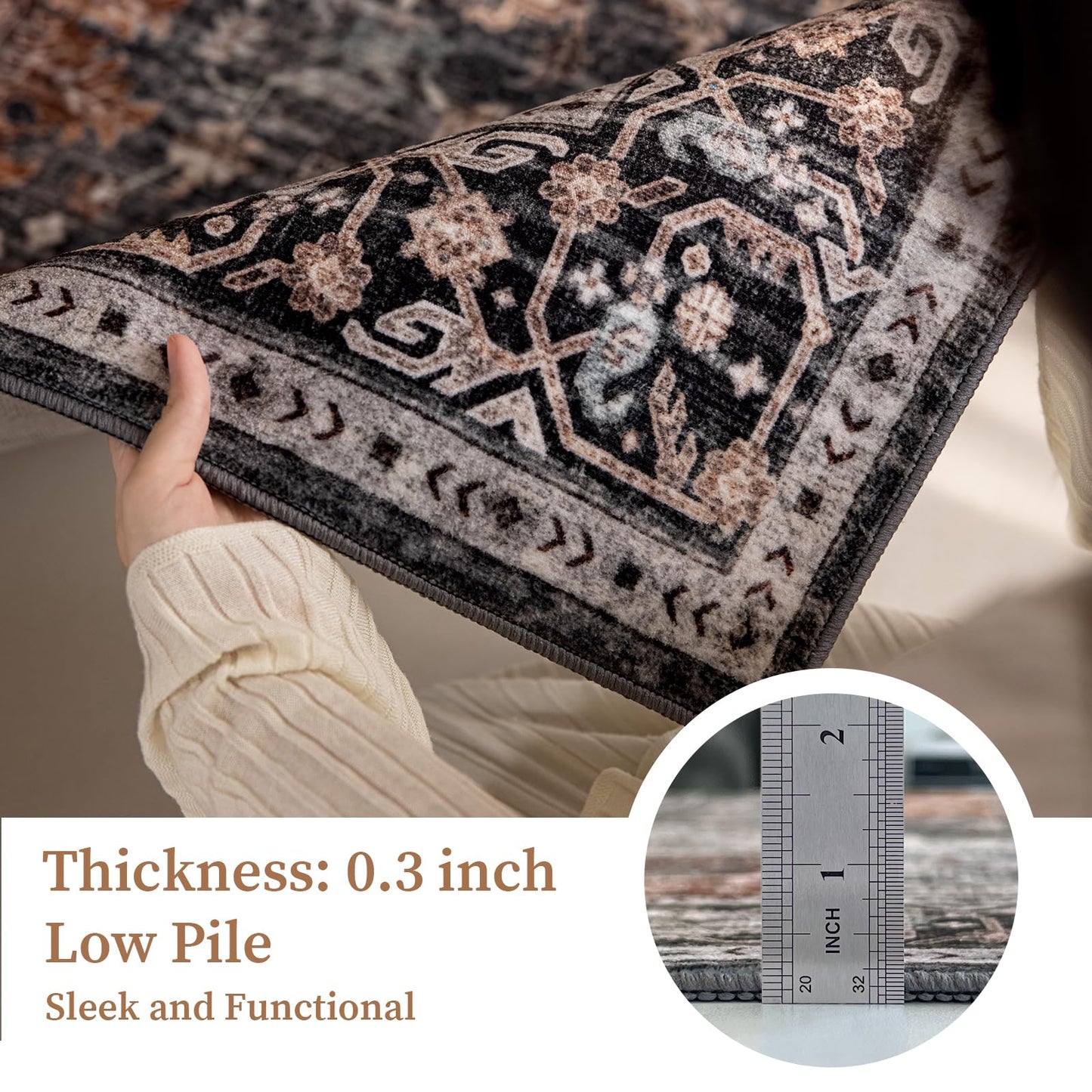 PURE ROMIE 8'x10' Tan/Blue Black Persian Style Medallion Faux Wool Living Room Rug, Non-Slip Washable Extra Large Area Rugs for Dining Room, Bedroom, Low Pile Distressed Print Carpet (Tan/Blue Black)