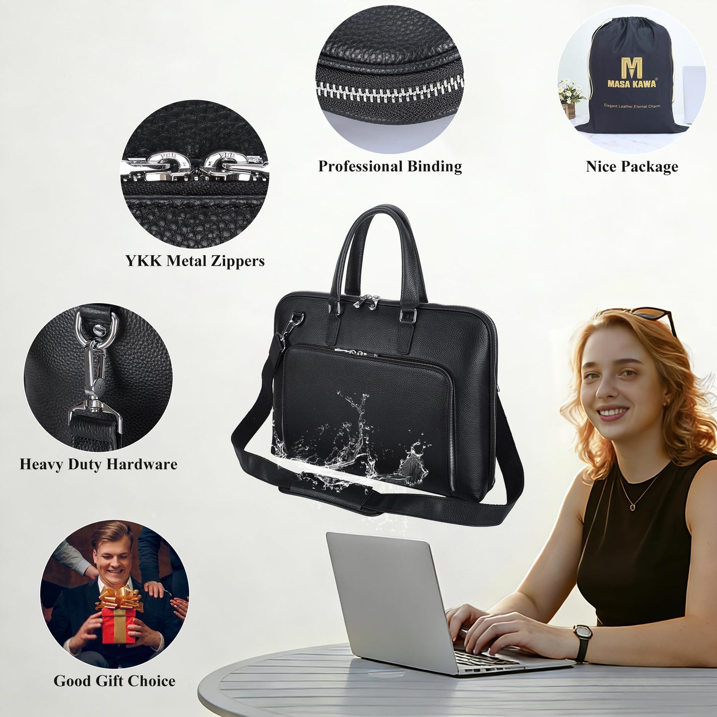 Masa Kawa Black Leather Slim Briefcase for Men Women Fits 15.6-16 Inch Laptop Professional Business Messenger Crossbody Shouder Bag Lawyer Ladies Office Work Brief Attche Case, Large