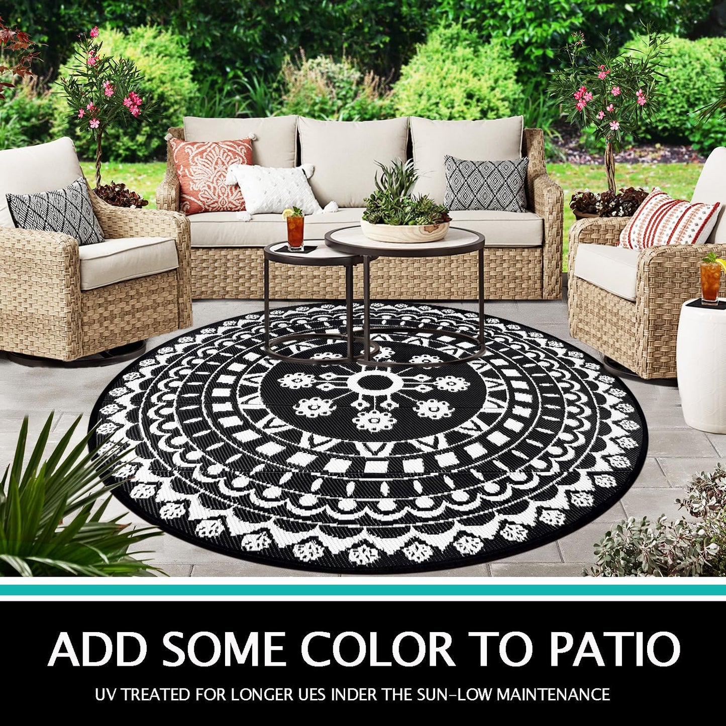Capslpad 6Ft Round Outdoor Rug for Patio Reversible Mat Boho Circle Indoor Outside Area Rug Waterproof Plastic Straw Rug for RV Camping Picnic Pool Tent Beach Deck Balcony Doormats Decor, Black