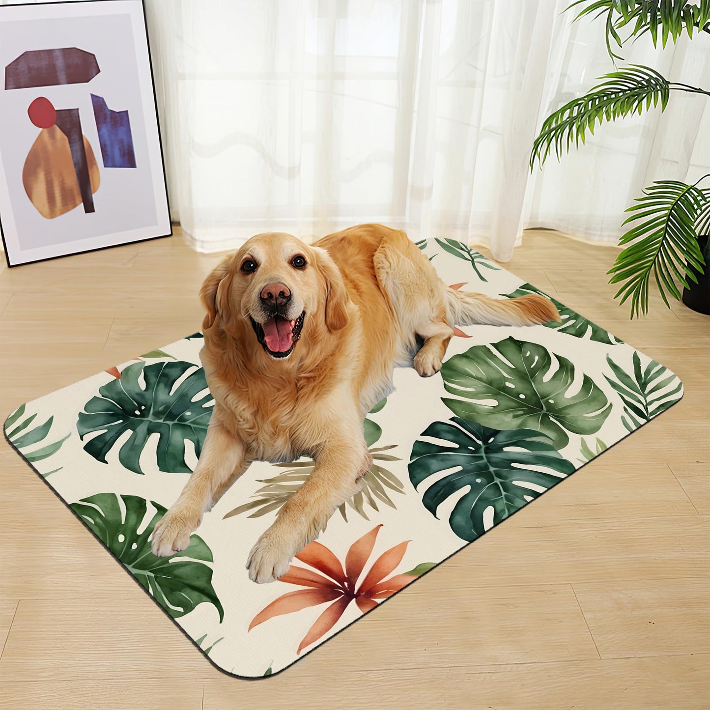 Boho Tropical Palm Pet Feeding Mat–Quick Dry Absorbent Dog Cat Food Mat, Non Slip Waterproof Bowl Placemat for Messy Eaters, Pet Accessories for Floors 12"x20"