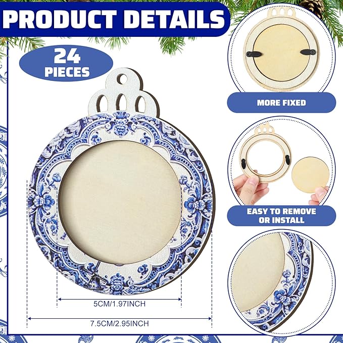 Blulu 24 Pcs Christmas Pictures Frame Ornaments Bulk Blue and White Chinoiserie Photo Frames Ornaments Wooden Blue Christmas to Put Pictures in Stocking Stuffers
