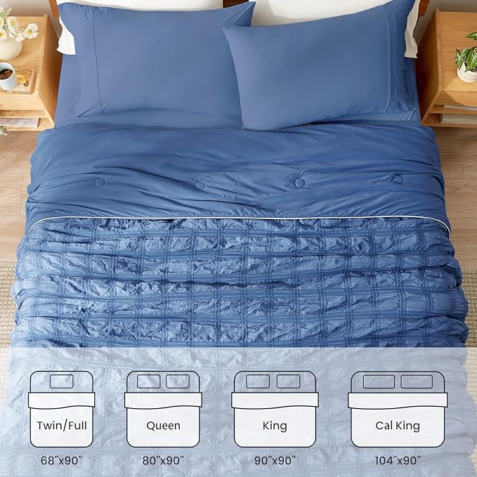 Cozy Bliss Cooling Comforter Seersucker Plaid Full, Q-Max 0.4 Reversible Lightweight Cooling Blanket, Breathable Silk Smooth Summer Bedding Quilt for Hot Sleepers Night Sweats Denim Blue