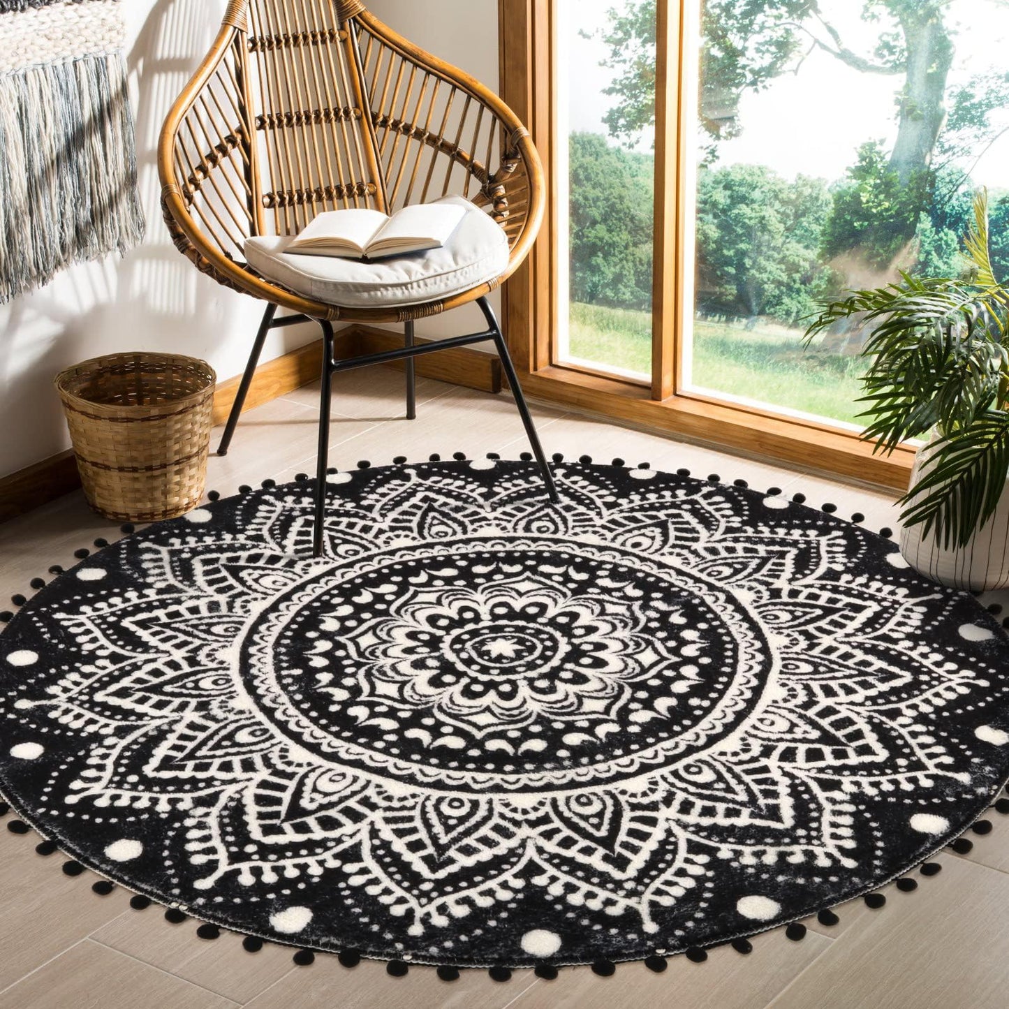 Uphome Boho Round Rug for Living Room 4' Circular Black Mandala Area Rug with Pom Poms Fringe Washable Cute Bohemian Accent Throw Rugs Non-Slip Soft Floor Mat for Bedroom Sofa Kids Room Nursery