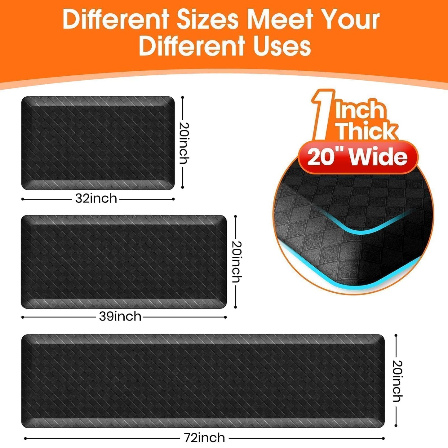 StepRite 1” Thick Kitchen Mats for Floor, Anti Fatigue Kitchen Rugs, Non-Slip,Heavy Duty Water Resistant Kitchen Rug, Standing Desk Mat for Friends, Family, Home, Kitchen, Office (72" x 20", Black)