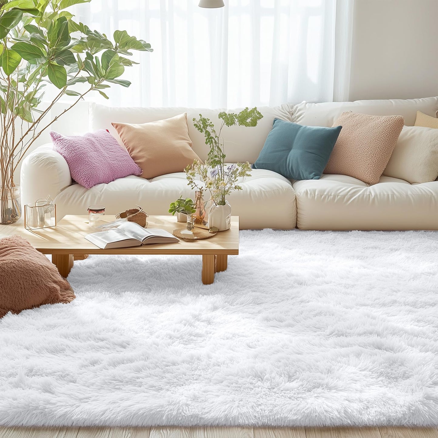 OLANLY 5x5 Area Rugs for Living Room Bedroom, Machine Washable Soft Fluffy Shaggy Bedside Rug, Indoor Floor Carpet for Kids Girls and Boys, Dorms, Nursery Rooms, Home Decor Aesthetic, White