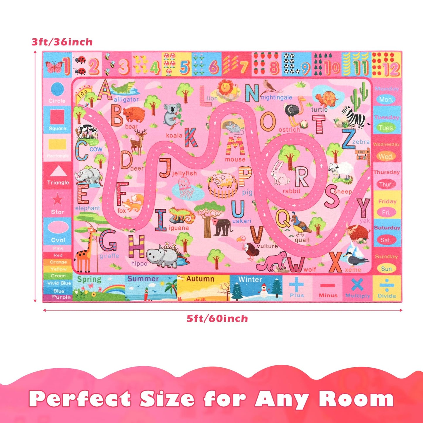 Terrug Kids Rug for Playroom, Educational Classroom Rug for Kids Room, Washable Nursery Rugs Non Slip Playroom Rugs Play Mat for Learning ABC Carpet, Numbers, Animal, Colors, Season, 3X5 Feet, Pink