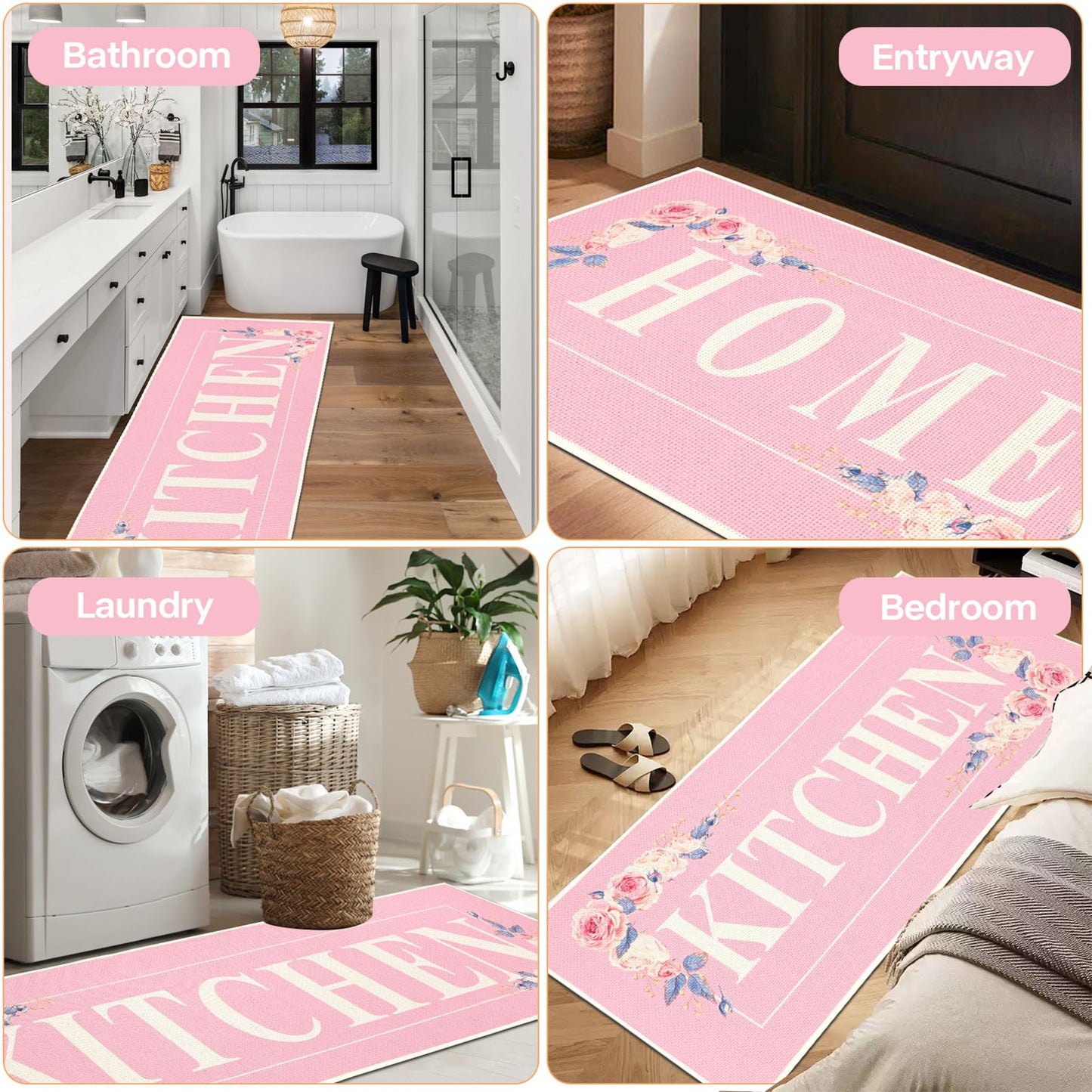 PCSWEET HOME Pink Floral Kitchen Rugs Mats for Floor 3PCS, Farmhouse Non Slip Kitchen Rug Runner, Washable Non Skid Kitchen Rugs, Comfort Standing Mat for Laundry, Desk, Bar, Office