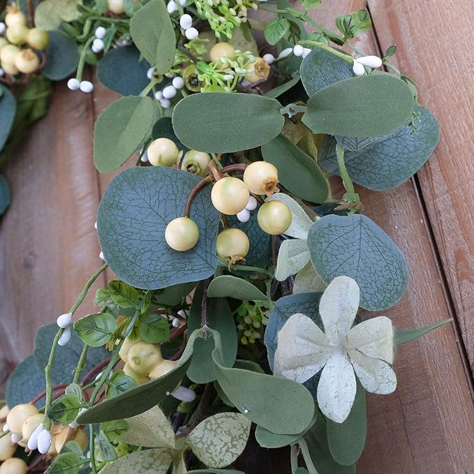 Bibelot 20Inch Artificial Eucalyptus Berry Wreath Green Leaf Eucalyptus Wreaths Spring Summer Wreath for Front Door Window Hanging Wall Party Decorations (20in)