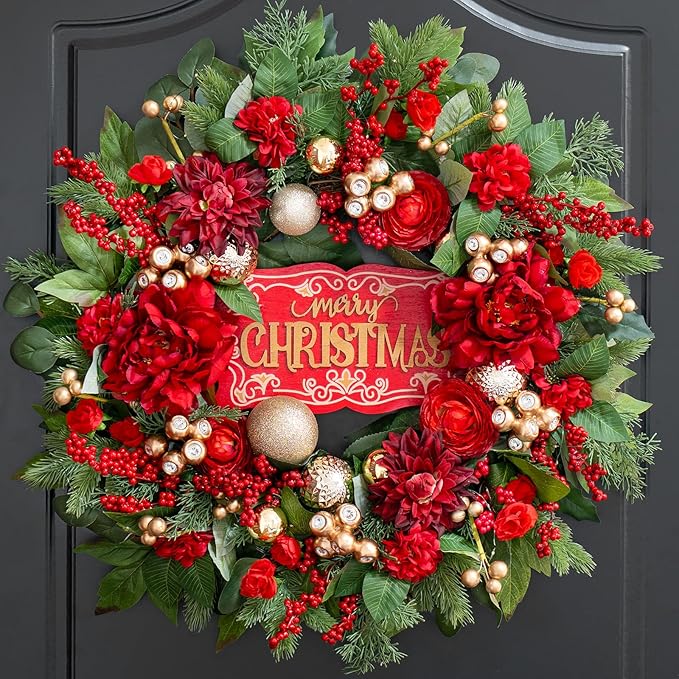 Christmas Wreaths for Front Door 24 Inch Christmas Wreath with Red Flowers, Berries, Gold Ornaments and LED Lights,Holiday Wreath for Indoor Outdoor Christmas Decorations