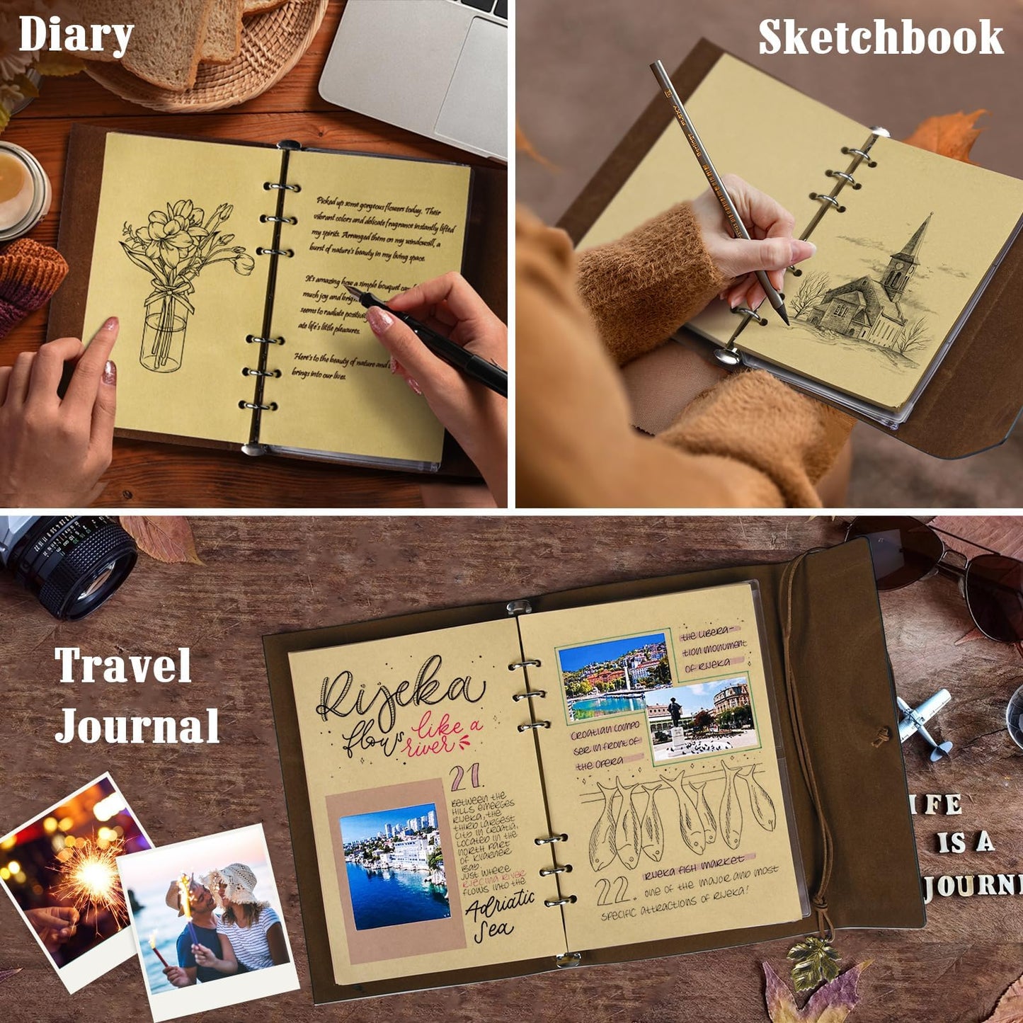 Leather Journals Notebooks with Blank Pages, Vintage Refillable Journal for Writing, Personal Travel Diary Art Sketchbook to Write in, Gifts for Women, Men, Teen Girls and Boys, 160 Pages (Purple, A5)