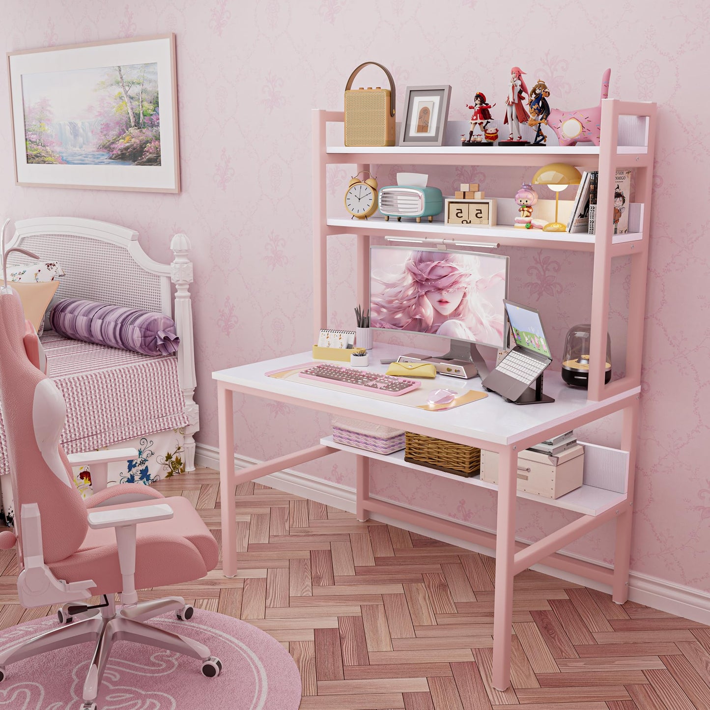 Aquzee Pink Desk Hutch, 47in Woman Computer Desk with Bookshelf & Storage Shelves, Space Saving Girls Writing Study Craft Table for Bedroom Kids Room, White Wood & Pink Iron Home Office Desks
