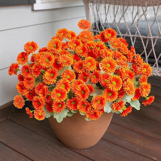 HyeFlora Dahlia Artificial Fall Flowers for Outdoors Autumn Decoration, 6 Bundles Fake Mums Orange Faux Flowers Plants Realistic UV Resistant Silk Flowers for Outside Planter Front Door Yard Garden