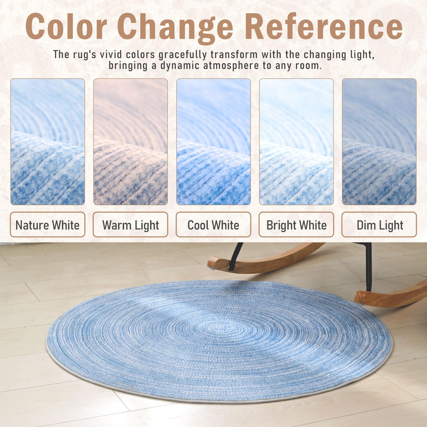Carvapet Faux Jute Round Rug 5ft – Blue Jute-Like Pattern Design Washable Low Pile Area Rug with Non-Slip Rubber Backing, Soft Circle Carpet for Living Room Bedroom Nursery Bathroom