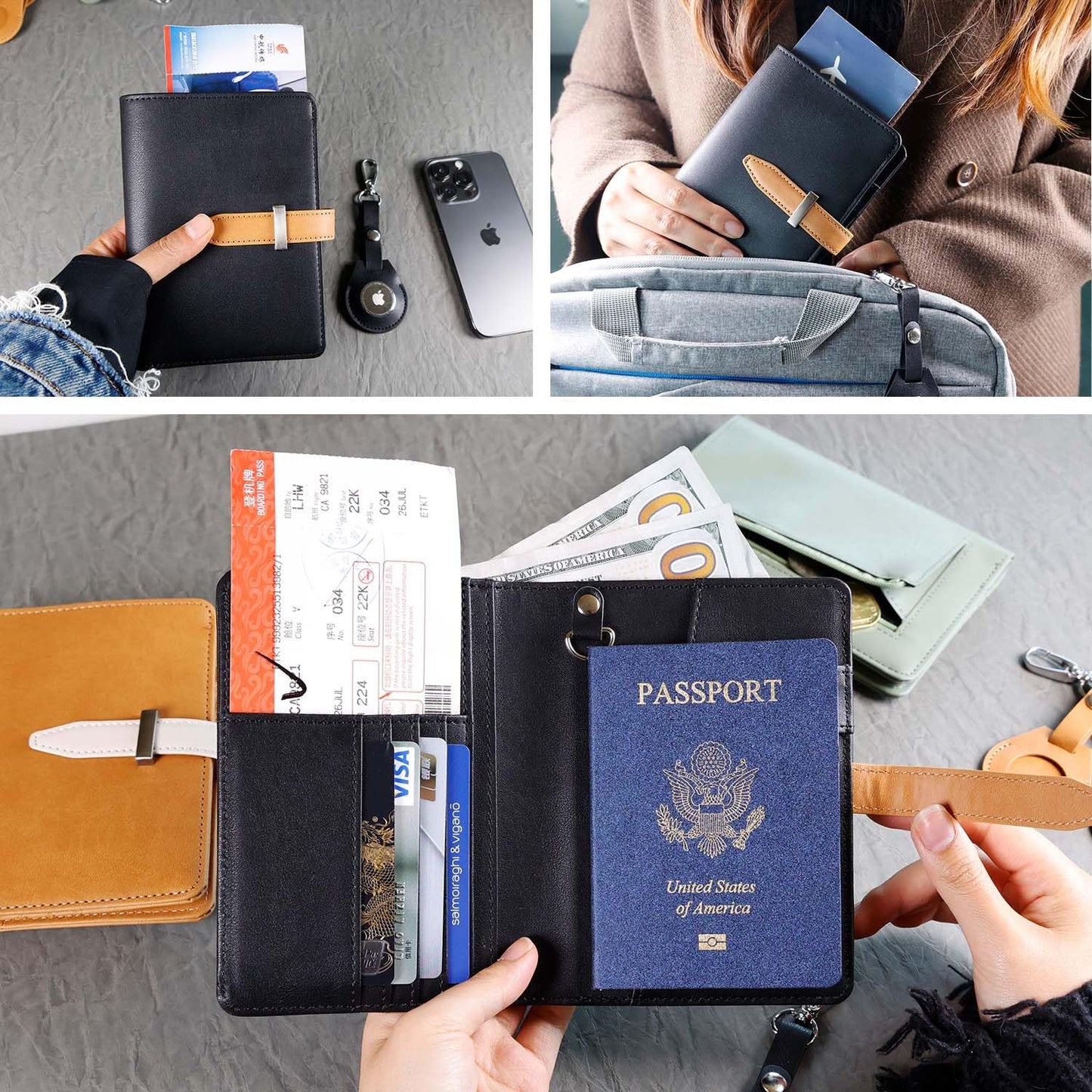 Deziliao Passport wallets, Mulit-purpose RFID Blocking Passport Holder AirTag Wallet, Travel Wallet(Black)