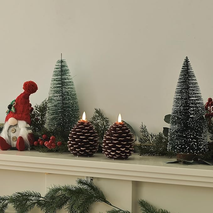 Christmas Flameless Pinecone Candles with Remote,Real Wax Battery Operated Candles, Flickering Led Pine Cone Candle for Xmas Holiday Winter Home Decoraction, 2 Pack