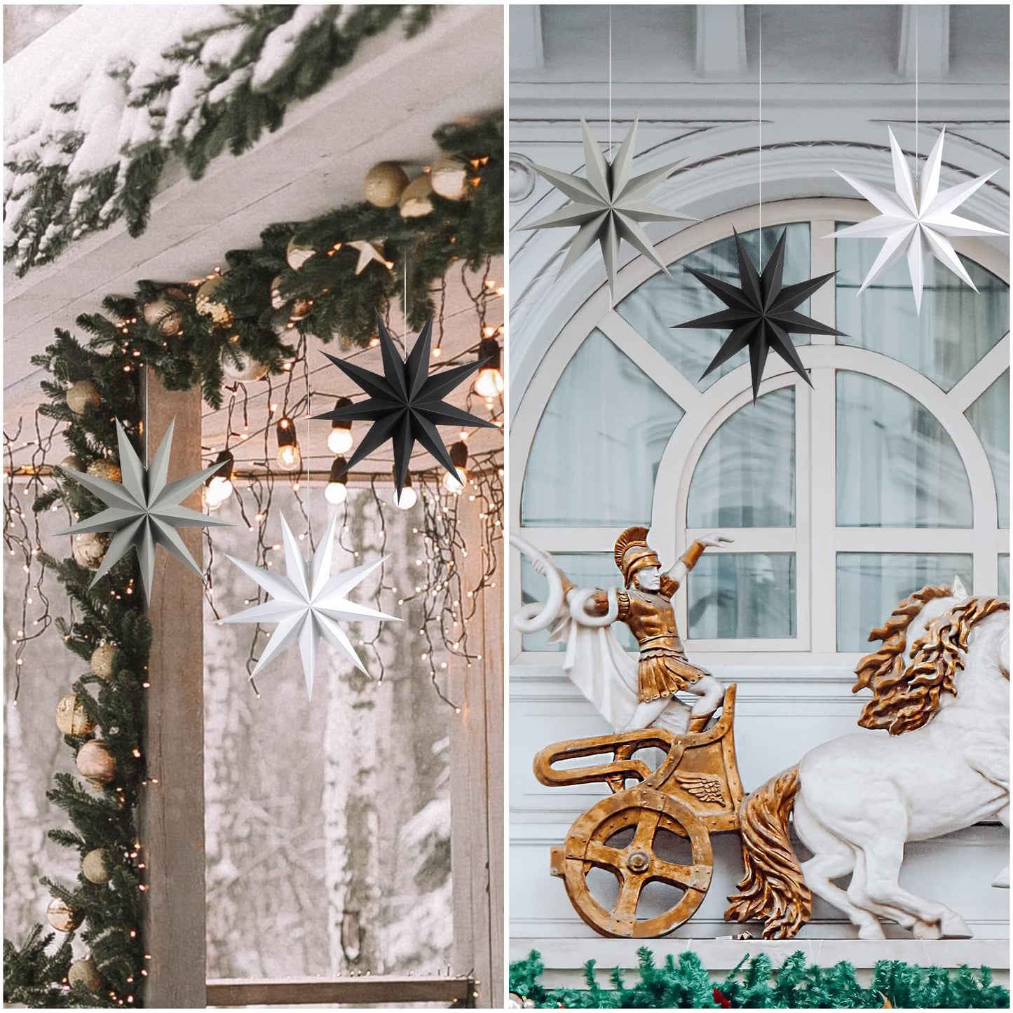 SUNBEAUTY 3 Pcs 9-Pointed Paper Star Lanterns 12 Inch Hanging Lampshade Wedding Birthday Christmas Home New Year Party Decorations