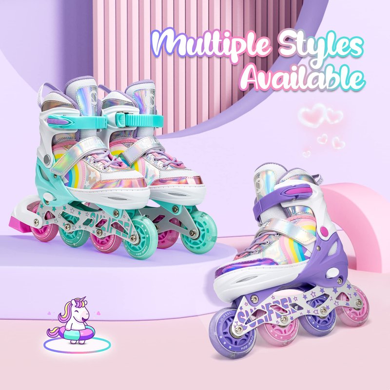 SULIFEEL Rainbow Unicorn Adjustable Inline Skates for Girls Boys and Kids with All Illuminating PU Wheels for Outdoor and Indoor Beginner Skates Purple Medium