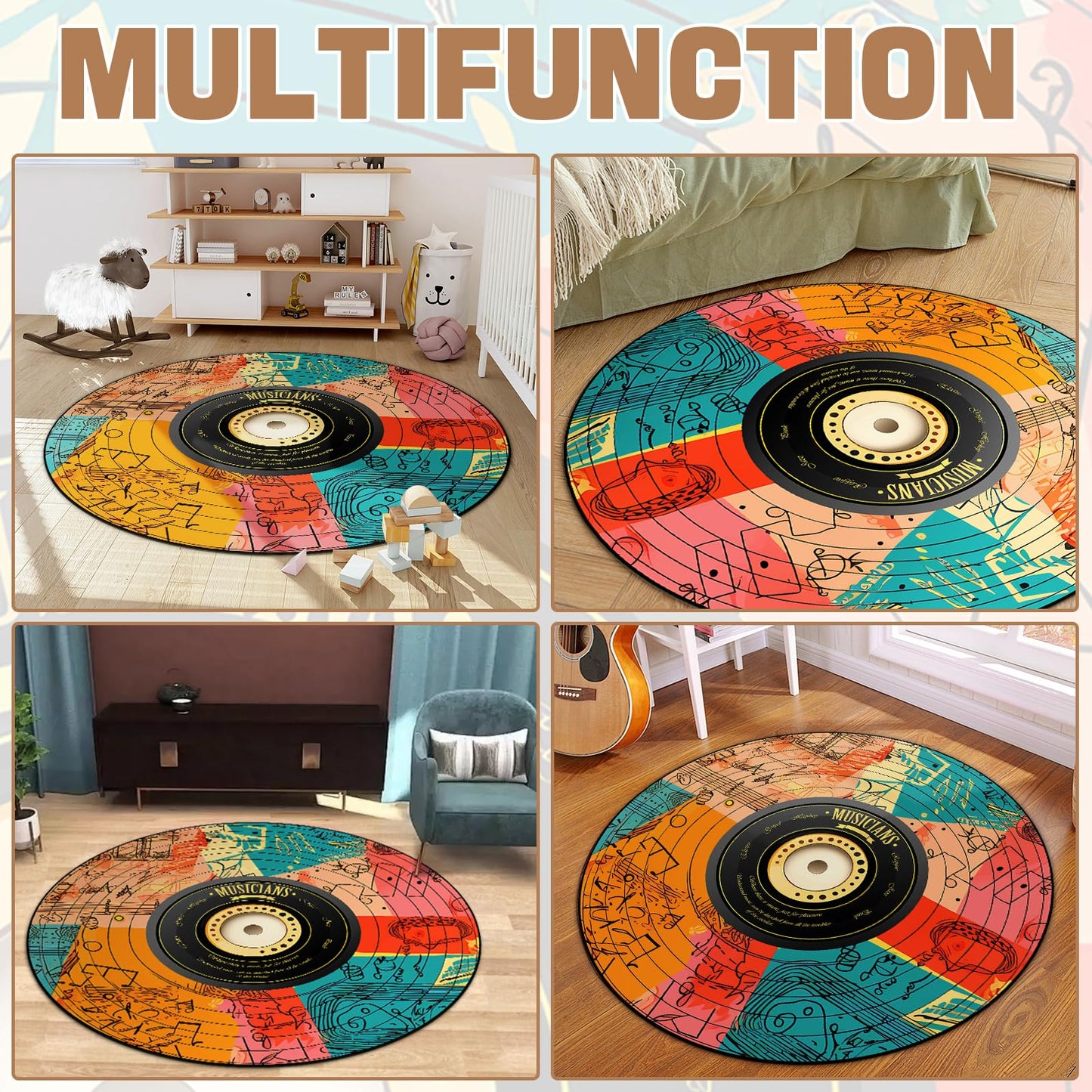 KALERA Music CD Disc Shape Area Rug, Multicolor, 5'3" x 5'3" (Round), Tufted, Polyester, Low Pile, Non-slip Backing, Water Resistant, All Seasons, Teenagers and Above, Living Room