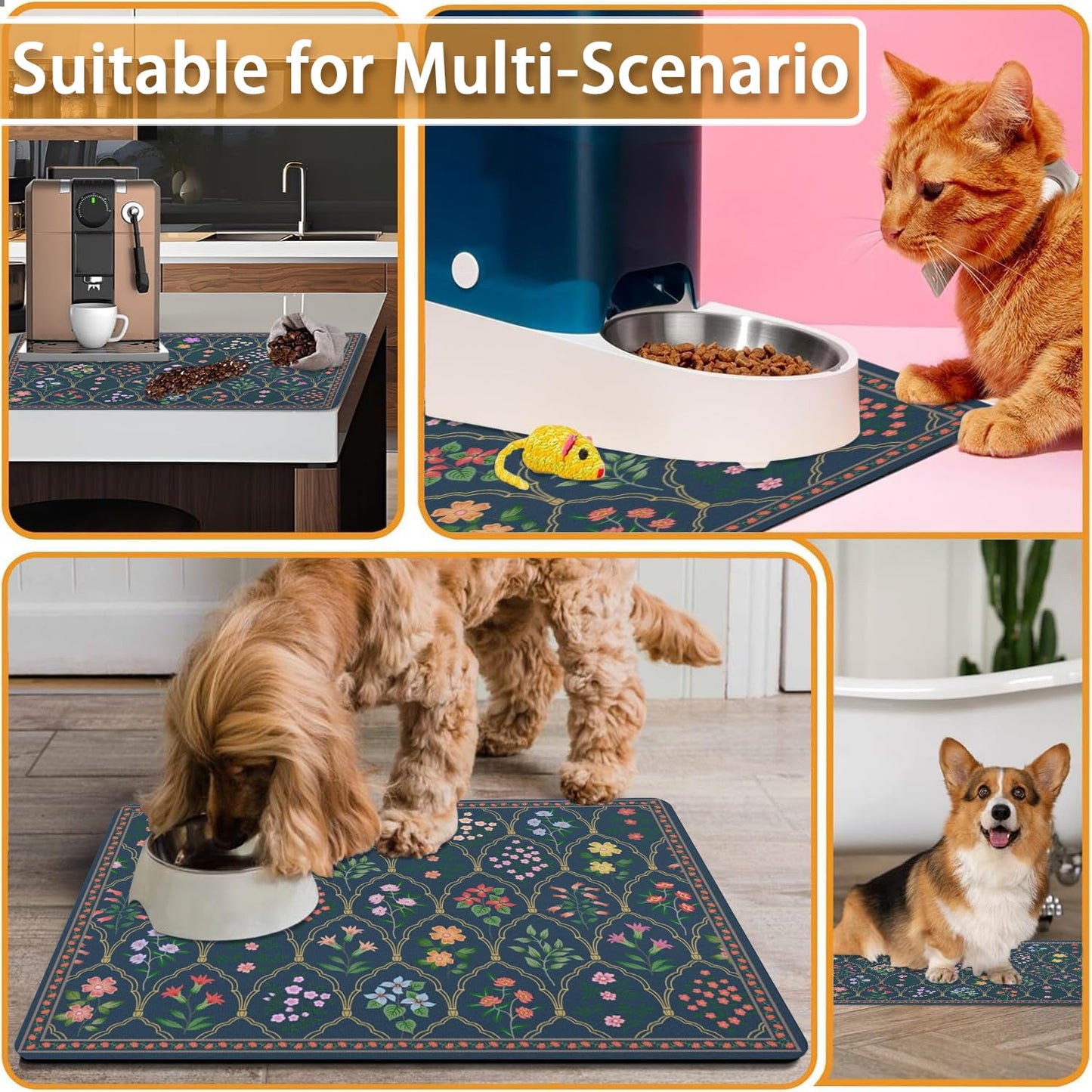 Absorbent Pet Dog Bowl Mat for Food and Water, Pet Cat Food Feeding Mat with Non Slip Rubber Backing, Dog Food Mats for Floors Waterproof, 12"x20"